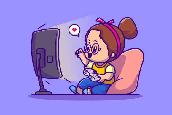 Cute Girl Playing Game Cartoon: A Versatile Design Asset